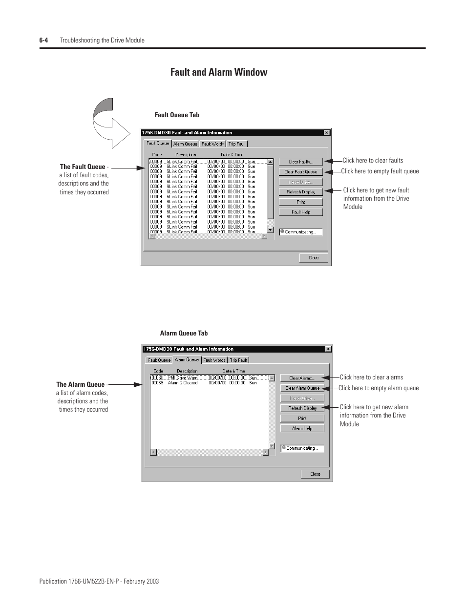 Fault and alarm window | Rockwell Automation 1756-DMF30 ControlLogix Drive Module User Manual | Page 72 / 369