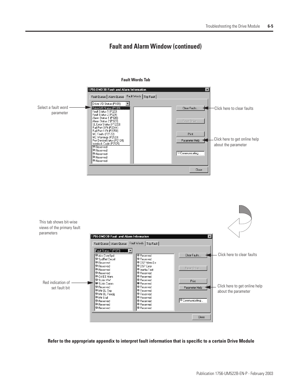 Fault and alarm window (continued) | Rockwell Automation 1756-DMF30 ControlLogix Drive Module User Manual | Page 73 / 369