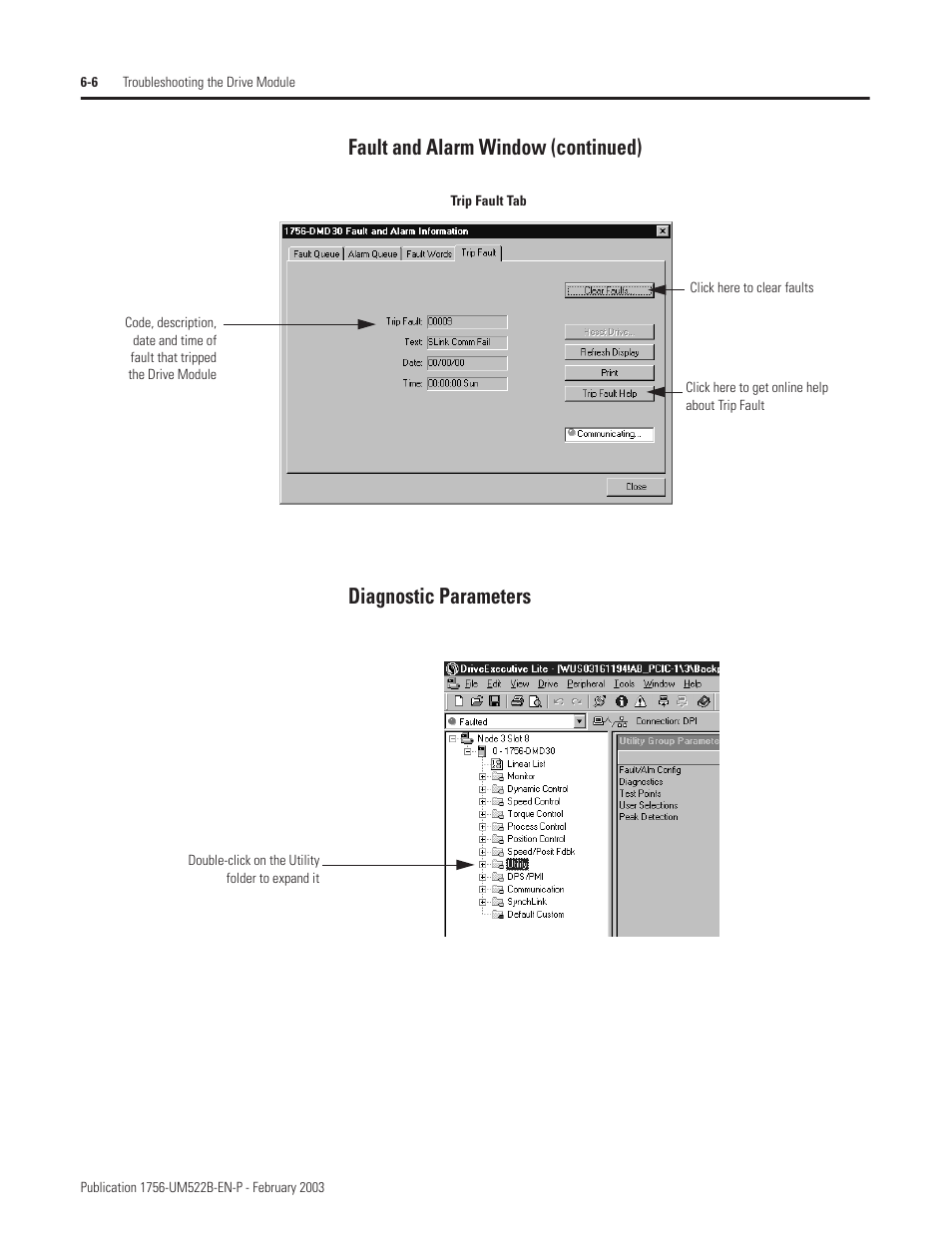 Fault and alarm window (continued), Diagnostic parameters | Rockwell Automation 1756-DMF30 ControlLogix Drive Module User Manual | Page 74 / 369