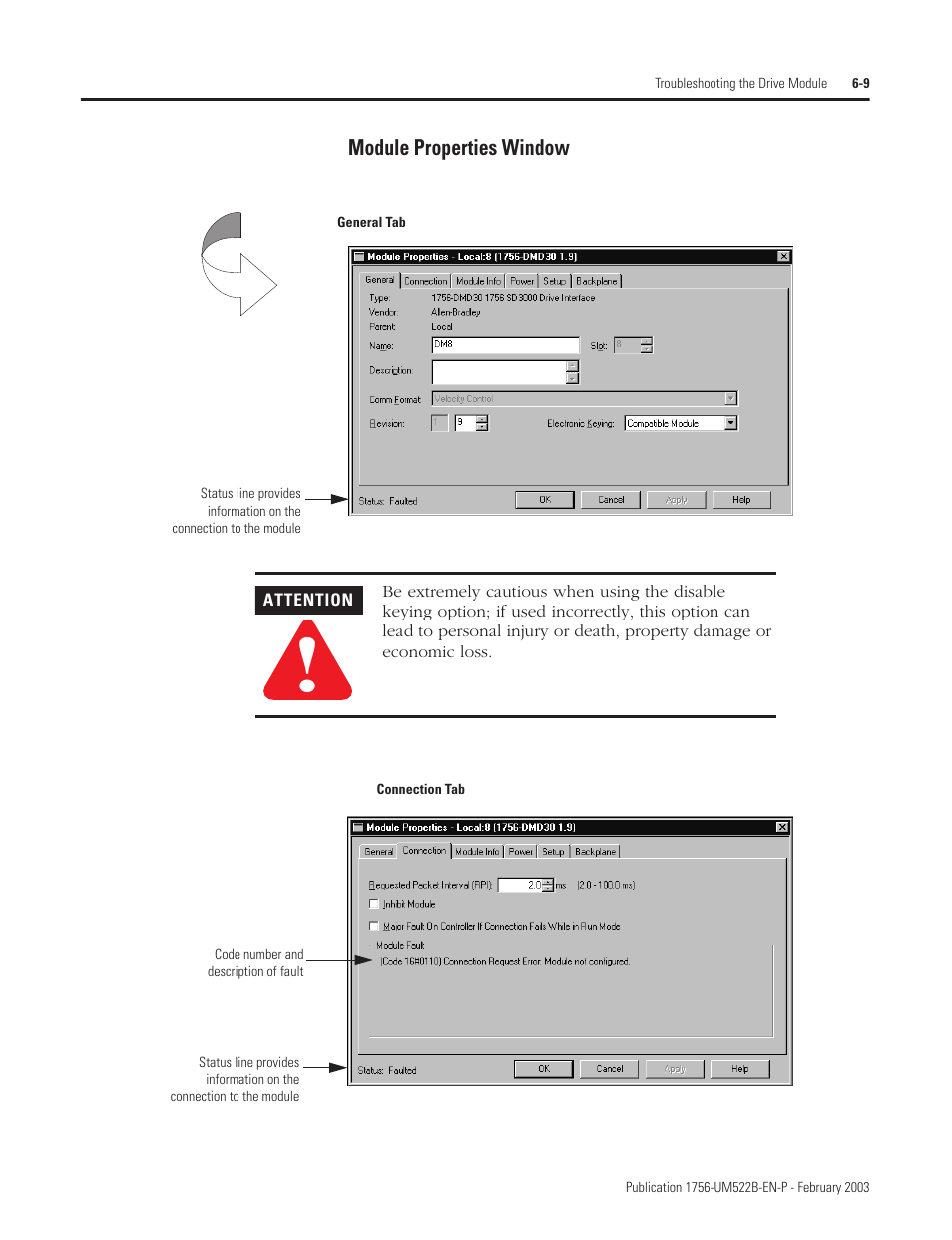 Module properties window | Rockwell Automation 1756-DMF30 ControlLogix Drive Module User Manual | Page 77 / 369