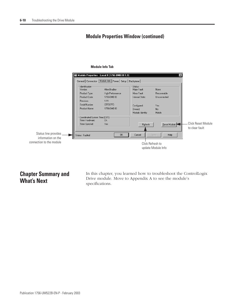 Chapter summary and what’s next, Module properties window (continued) | Rockwell Automation 1756-DMF30 ControlLogix Drive Module User Manual | Page 78 / 369