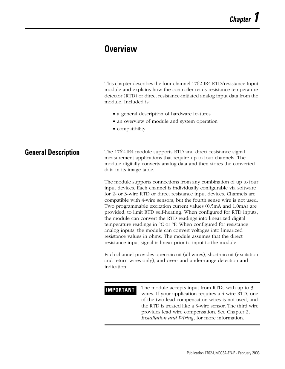 1 - overview, General description, Chapter 1 | Overview, General description -1, Chapter | Rockwell Automation 1762-IR4 RTD/Resistance Input Module User Manual | Page 11 / 104