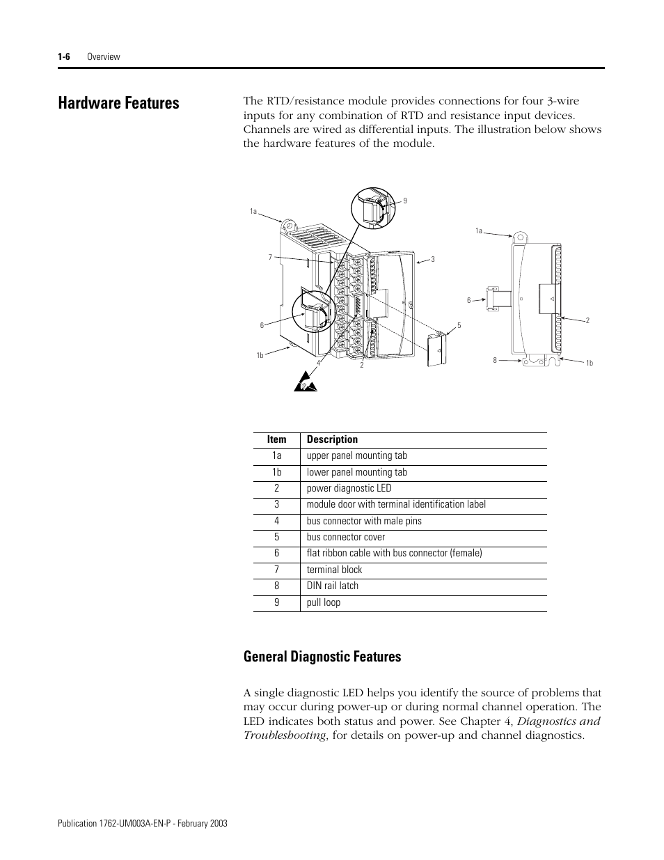 Hardware features, Hardware features -6, General diagnostic features | Rockwell Automation 1762-IR4 RTD/Resistance Input Module User Manual | Page 16 / 104