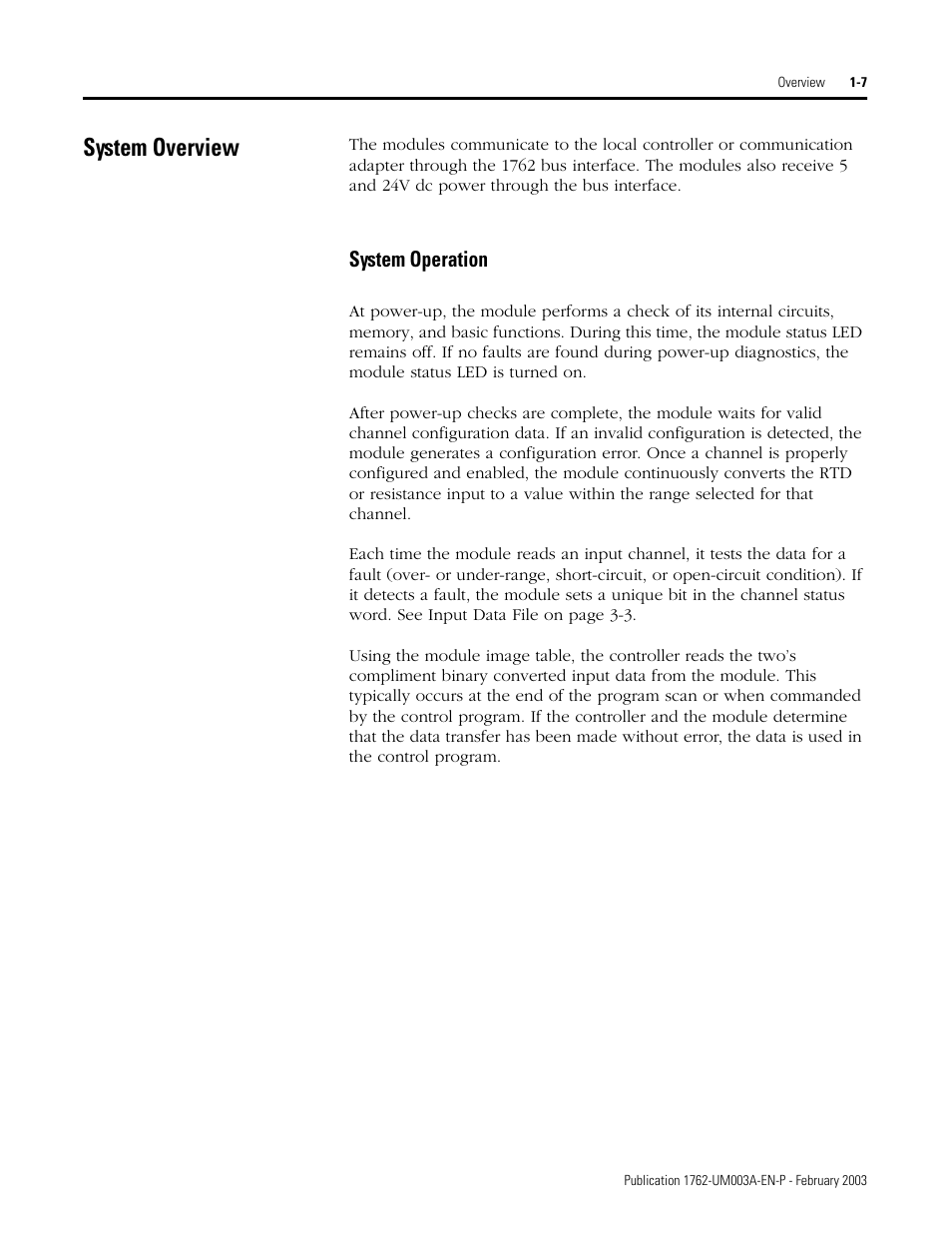 System overview, System overview -7, System operation -7 | Rockwell Automation 1762-IR4 RTD/Resistance Input Module User Manual | Page 17 / 104