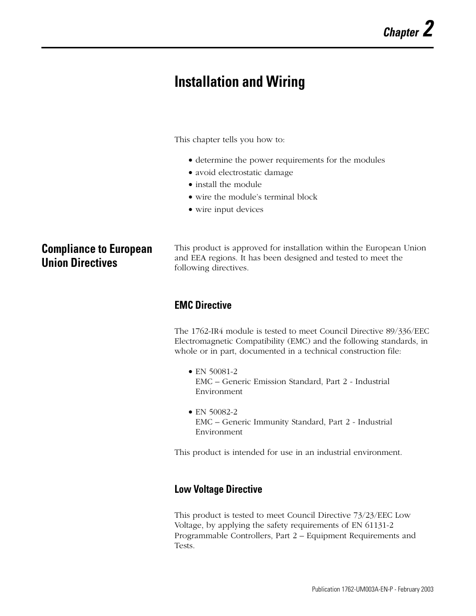 2 - installation and wiring, Compliance to european union directives, Chapter 2 | Installation and wiring, Compliance to european union directives -1, Emc directive -1 low voltage directive -1, Chapter | Rockwell Automation 1762-IR4 RTD/Resistance Input Module User Manual | Page 19 / 104