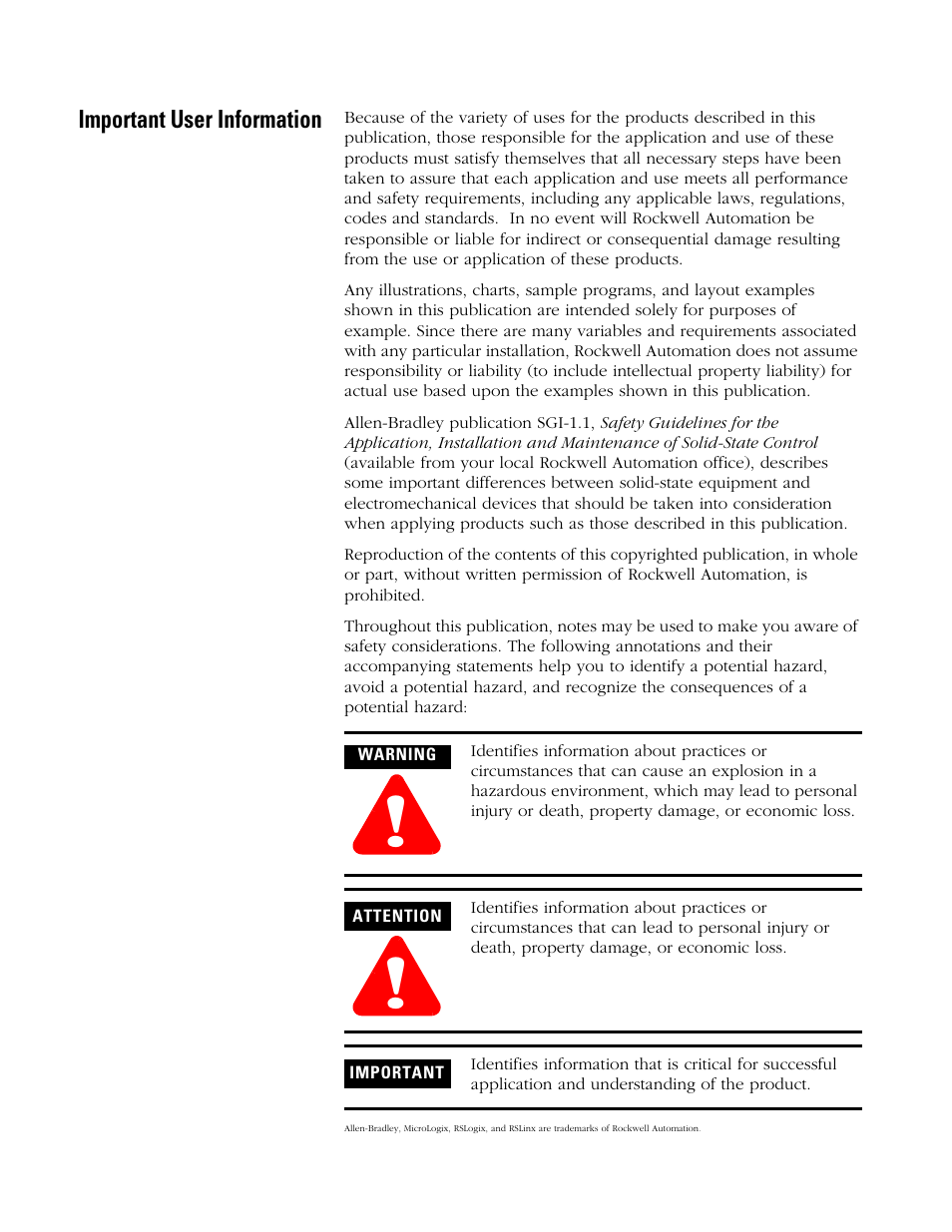 Important user information | Rockwell Automation 1762-IR4 RTD/Resistance Input Module User Manual | Page 2 / 104