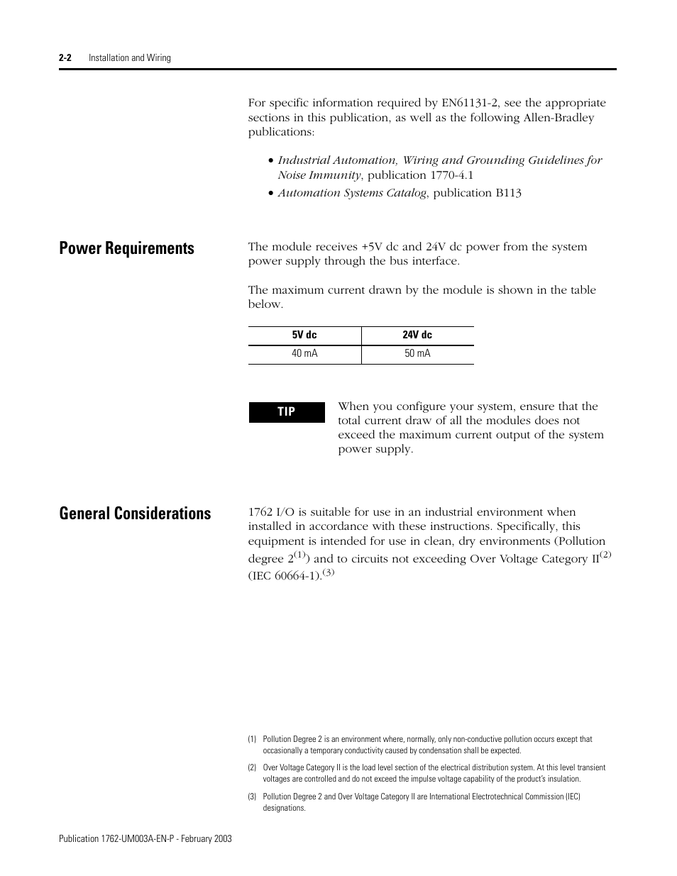 Power requirements, General considerations, Power requirements -2 general considerations -2 | Rockwell Automation 1762-IR4 RTD/Resistance Input Module User Manual | Page 20 / 104