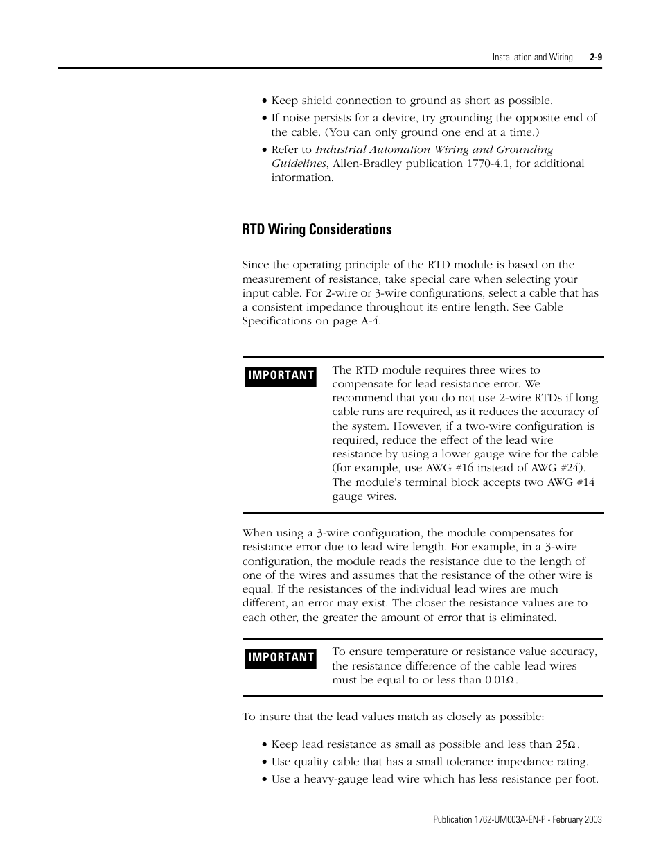 Rtd wiring considerations -9, Rtd wiring considerations | Rockwell Automation 1762-IR4 RTD/Resistance Input Module User Manual | Page 27 / 104