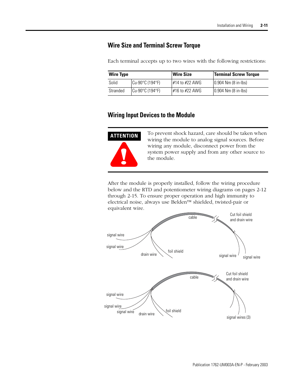 Wire size and terminal screw torque, Wiring input devices to the module | Rockwell Automation 1762-IR4 RTD/Resistance Input Module User Manual | Page 29 / 104