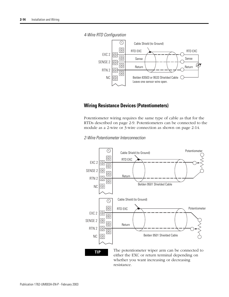 Wiring resistance devices (potentiometers) -14, Wiring resistance devices (potentiometers) | Rockwell Automation 1762-IR4 RTD/Resistance Input Module User Manual | Page 32 / 104
