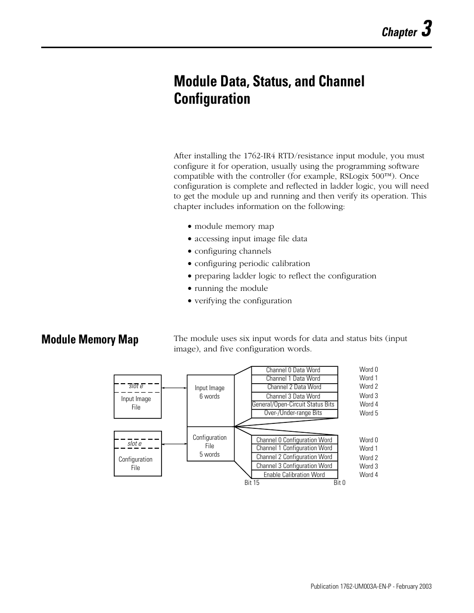 3 - module data, status, and channel configuration, Module memory map, Chapter 3 | Module data, status, and channel configuration, Module memory map -1, Chapter | Rockwell Automation 1762-IR4 RTD/Resistance Input Module User Manual | Page 35 / 104