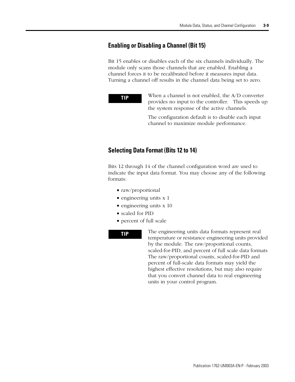 Enabling or disabling a channel (bit 15), Selecting data format (bits 12 to 14) | Rockwell Automation 1762-IR4 RTD/Resistance Input Module User Manual | Page 43 / 104