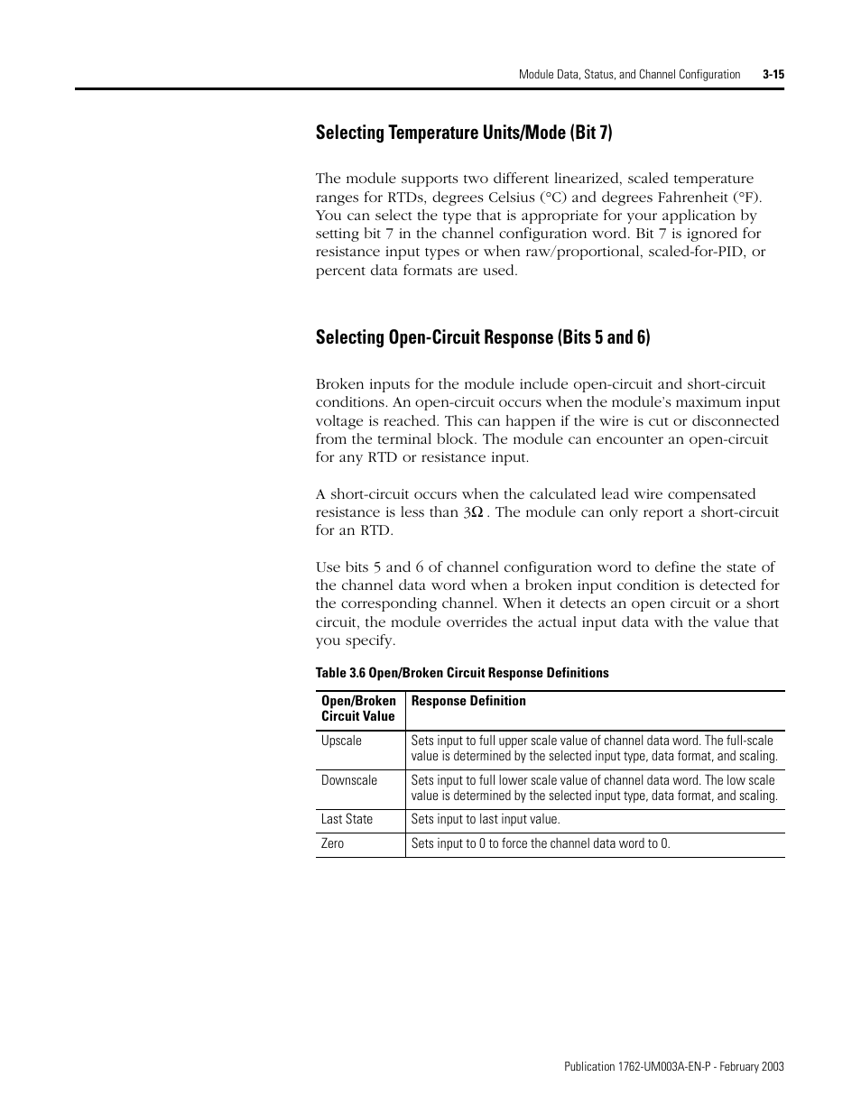 Selecting temperature units/mode (bit 7), Selecting open-circuit response (bits 5 and 6) | Rockwell Automation 1762-IR4 RTD/Resistance Input Module User Manual | Page 49 / 104