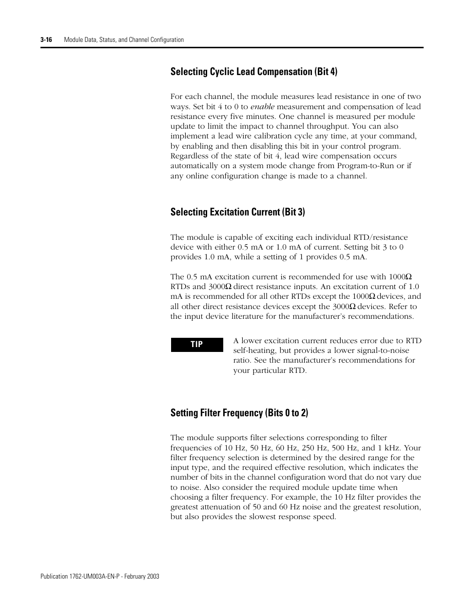 Selecting cyclic lead compensation (bit 4), Selecting excitation current (bit 3), Setting filter frequency (bits 0 to 2) | Rockwell Automation 1762-IR4 RTD/Resistance Input Module User Manual | Page 50 / 104