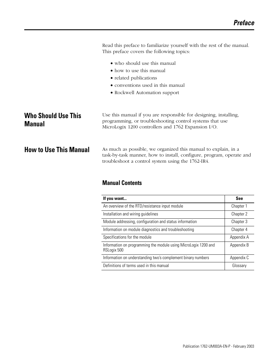 Preface, Who should use this manual, How to use this manual | Manual contents | Rockwell Automation 1762-IR4 RTD/Resistance Input Module User Manual | Page 7 / 104