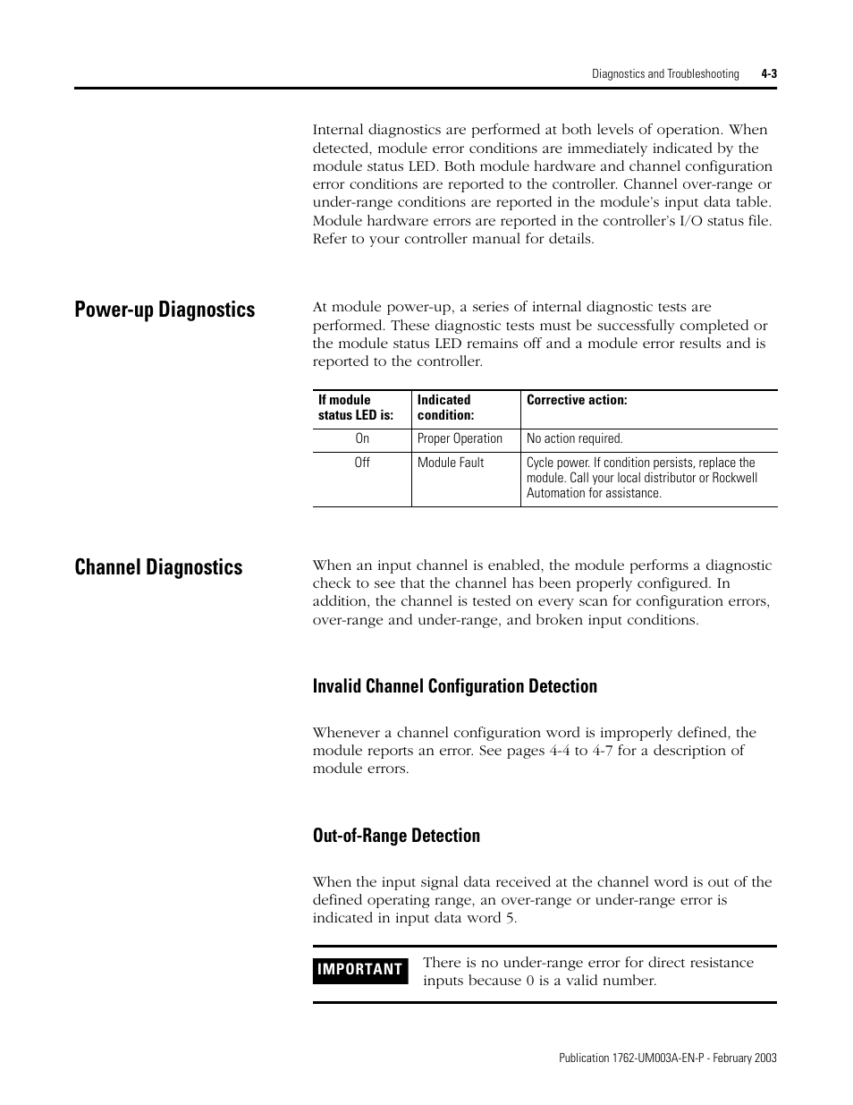 Power-up diagnostics, Channel diagnostics, Power-up diagnostics -3 channel diagnostics -3 | Invalid channel configuration detection, Out-of-range detection | Rockwell Automation 1762-IR4 RTD/Resistance Input Module User Manual | Page 71 / 104