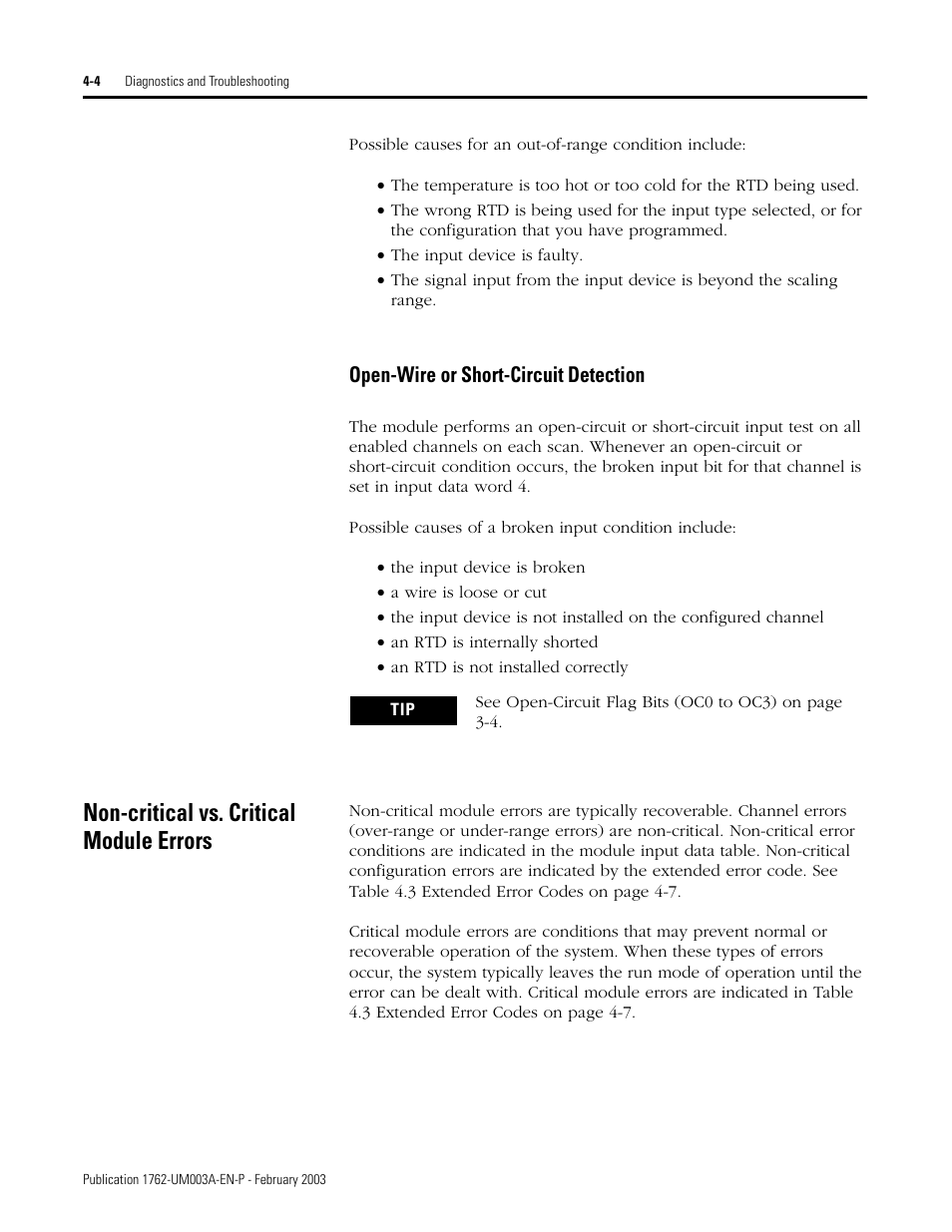 Non-critical vs. critical module errors, Open-wire or short-circuit detection -4, Non-critical vs. critical module errors -4 | Open-wire or short-circuit detection | Rockwell Automation 1762-IR4 RTD/Resistance Input Module User Manual | Page 72 / 104