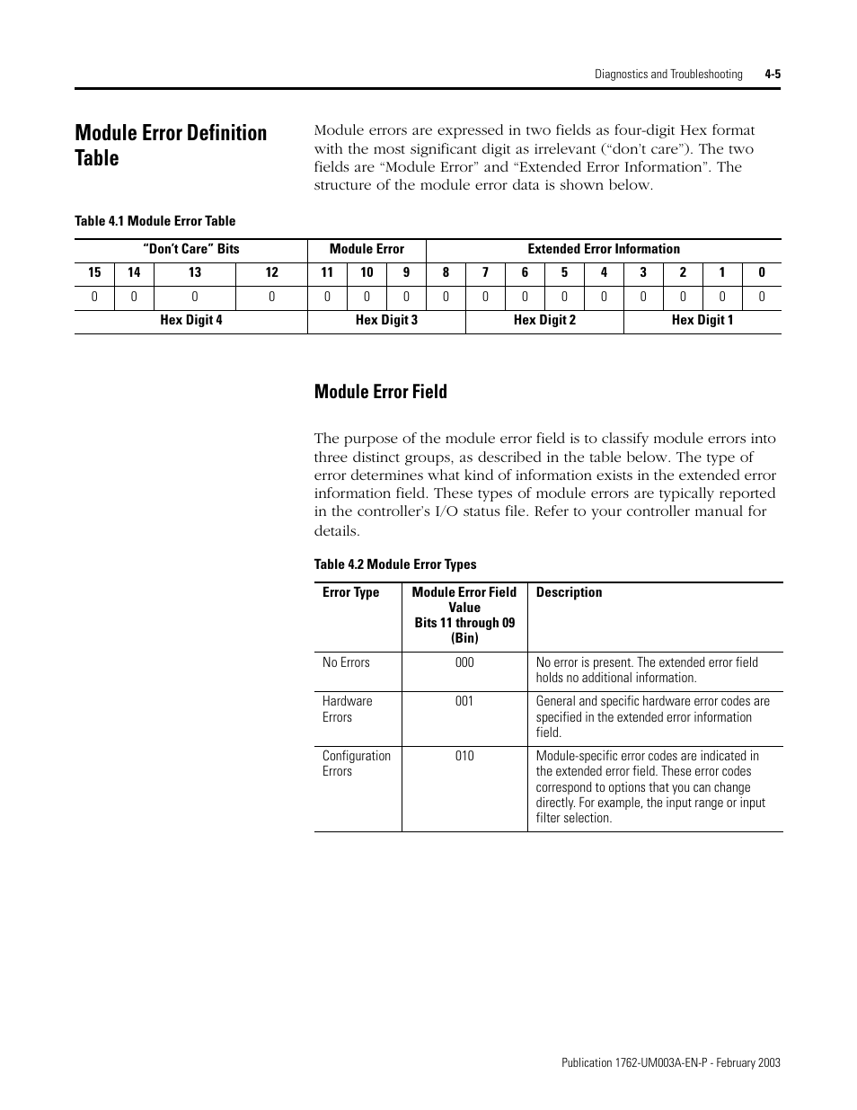 Module error definition table, Module error definition table -5, Module error field -5 | Module error field | Rockwell Automation 1762-IR4 RTD/Resistance Input Module User Manual | Page 73 / 104