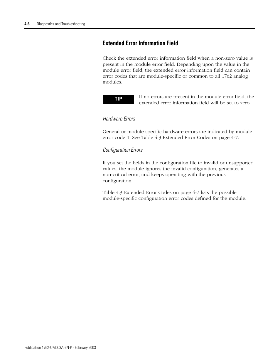 Extended error information field -6, Extended error information field | Rockwell Automation 1762-IR4 RTD/Resistance Input Module User Manual | Page 74 / 104