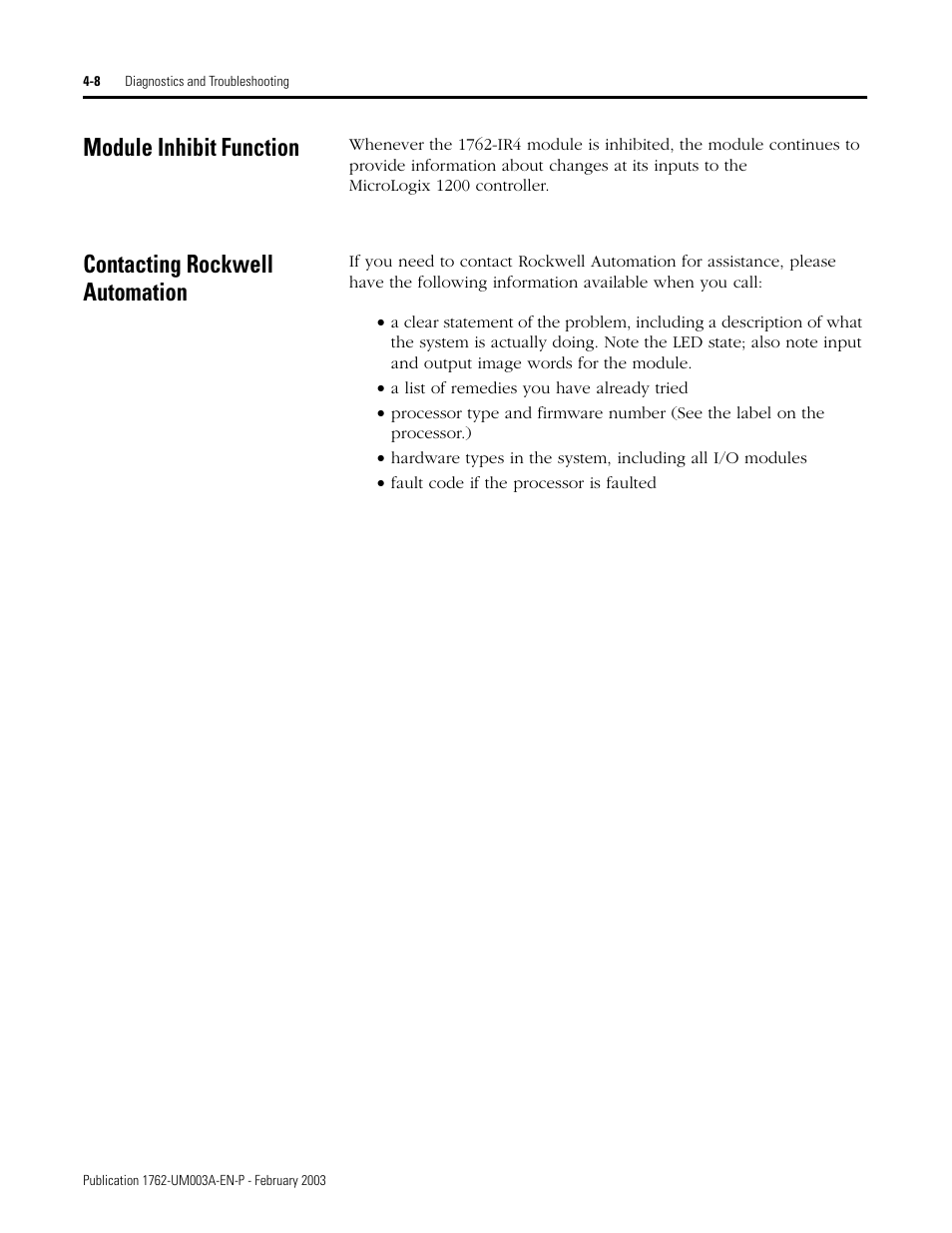 Module inhibit function, Contacting rockwell automation | Rockwell Automation 1762-IR4 RTD/Resistance Input Module User Manual | Page 76 / 104