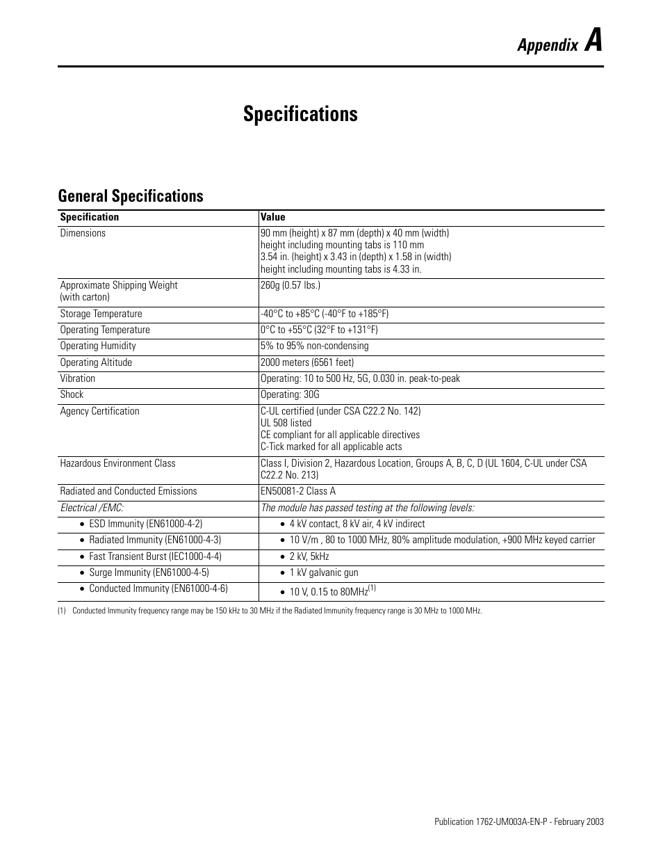 A - specifications, General specifications, Appendix a | Specifications, Appendix | Rockwell Automation 1762-IR4 RTD/Resistance Input Module User Manual | Page 77 / 104