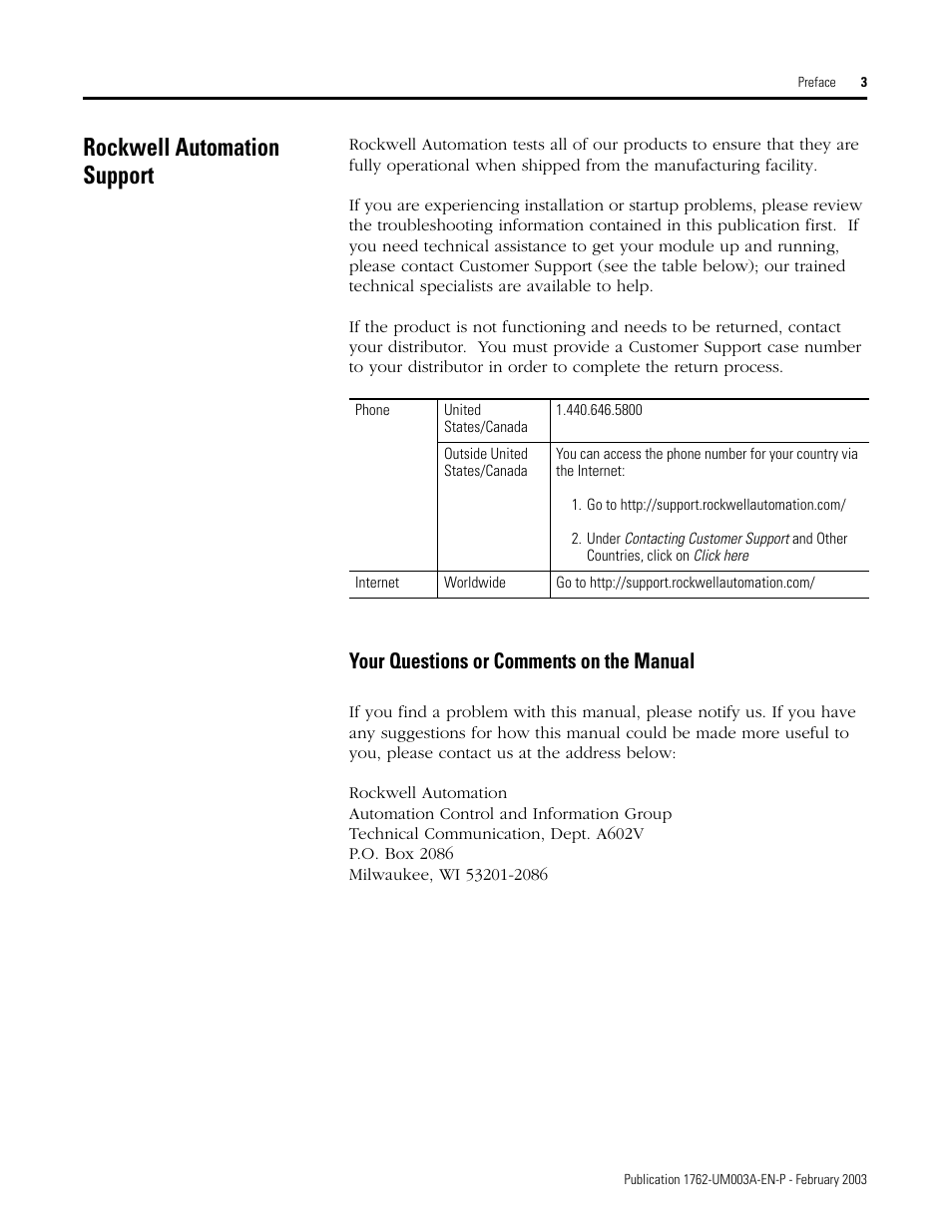 Rockwell automation support, Your questions or comments on the manual | Rockwell Automation 1762-IR4 RTD/Resistance Input Module User Manual | Page 9 / 104