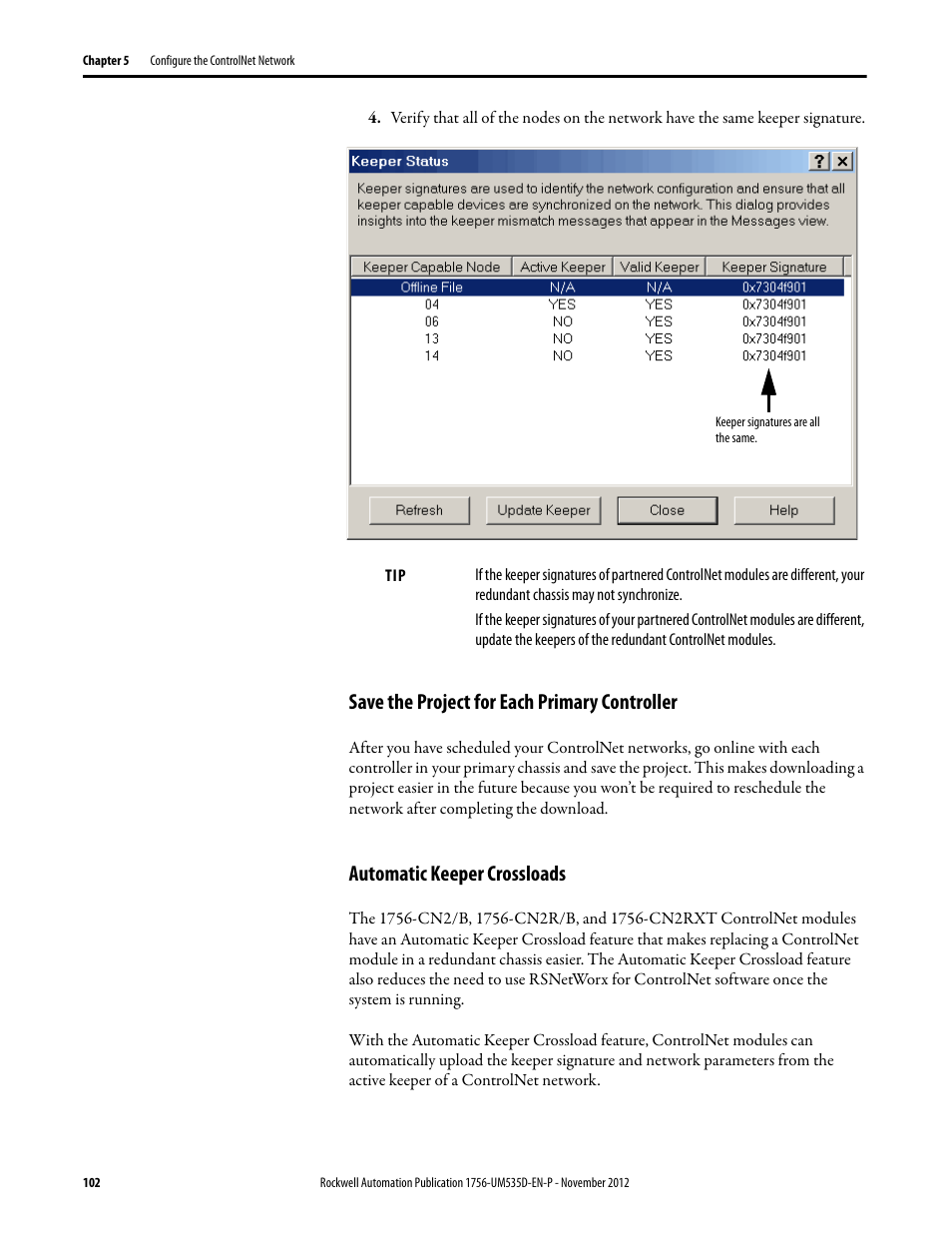Save the project for each primary controller, Automatic keeper crossloads | Rockwell Automation 1756-RMxx ControlLogix Enhanced Redundancy System User Manual User Manual | Page 102 / 296