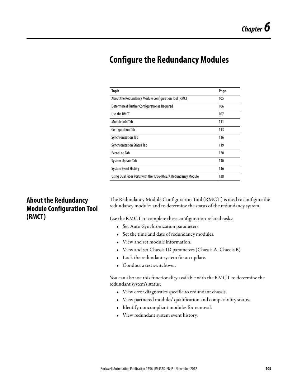 Ch 6 - configure the redundancy modules, Configure the redundancy modules, Chapter 6 | Configure the, Chapter | Rockwell Automation 1756-RMxx ControlLogix Enhanced Redundancy System User Manual User Manual | Page 105 / 296