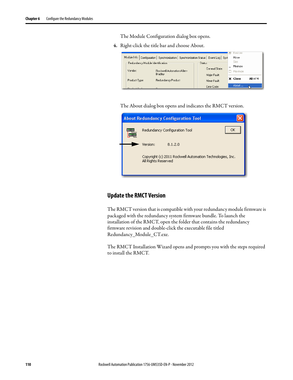 Right-click the title bar and choose about, Update the rmct version | Rockwell Automation 1756-RMxx ControlLogix Enhanced Redundancy System User Manual User Manual | Page 110 / 296