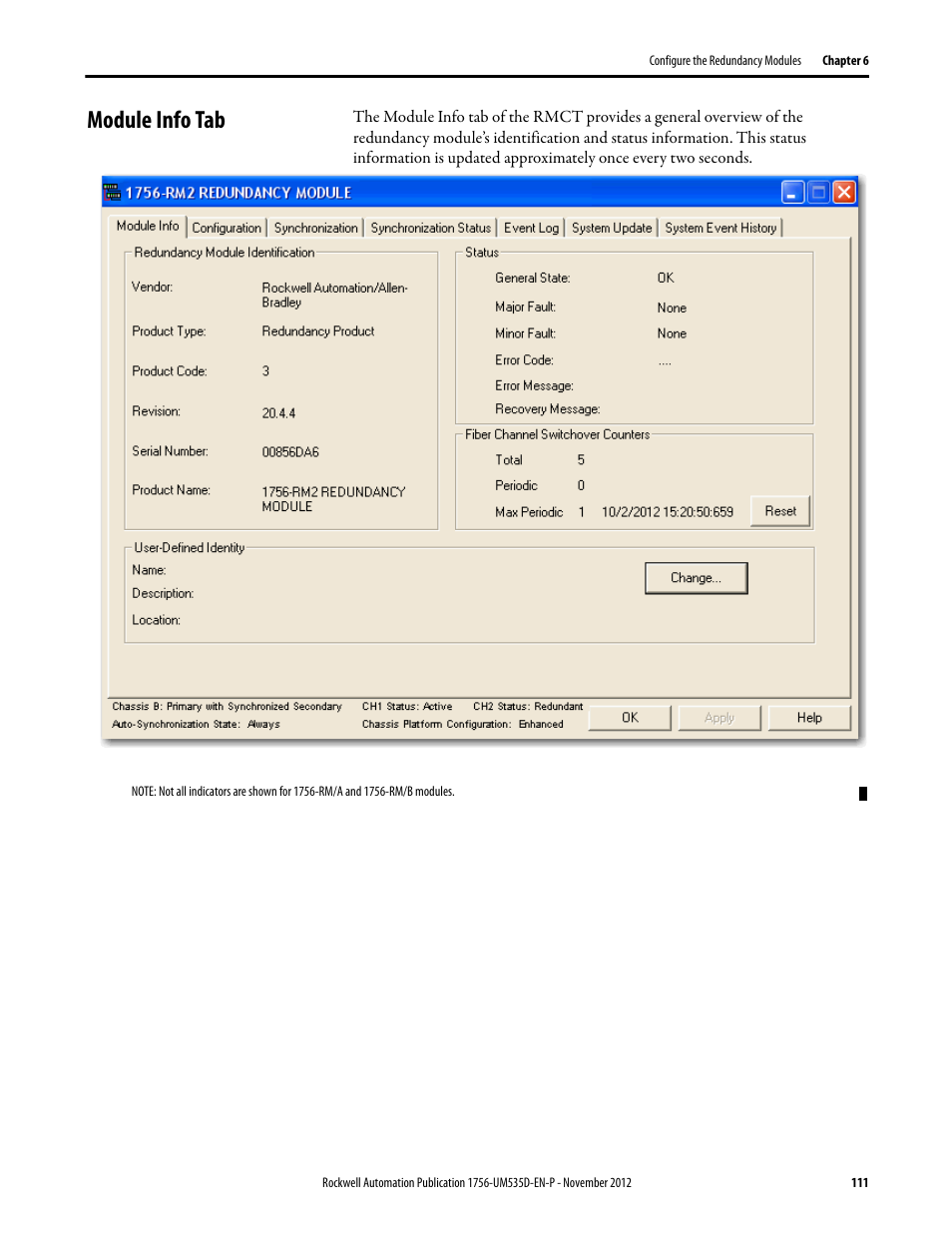 Module info tab | Rockwell Automation 1756-RMxx ControlLogix Enhanced Redundancy System User Manual User Manual | Page 111 / 296