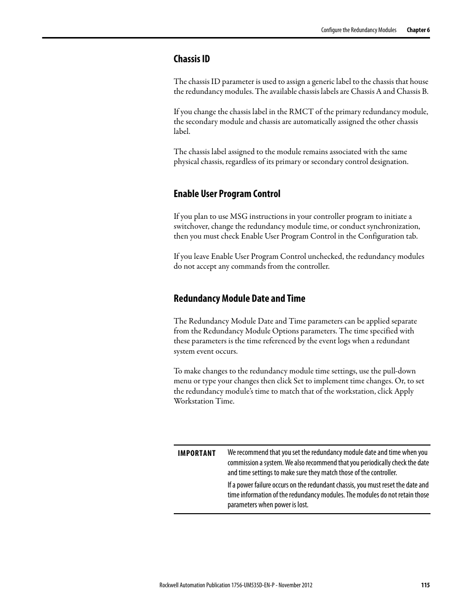 Chassis id, Enable user program control, Redundancy module date and time | Rockwell Automation 1756-RMxx ControlLogix Enhanced Redundancy System User Manual User Manual | Page 115 / 296
