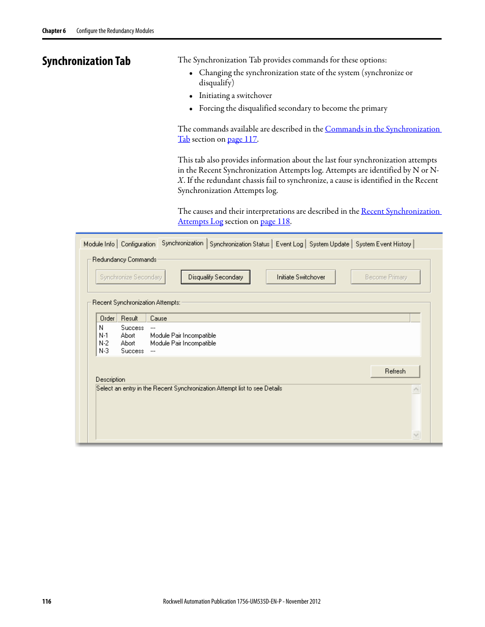 Synchronization tab | Rockwell Automation 1756-RMxx ControlLogix Enhanced Redundancy System User Manual User Manual | Page 116 / 296