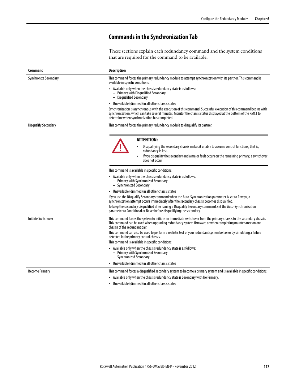 Commands in the synchronization tab, Commands in the synchronization | Rockwell Automation 1756-RMxx ControlLogix Enhanced Redundancy System User Manual User Manual | Page 117 / 296