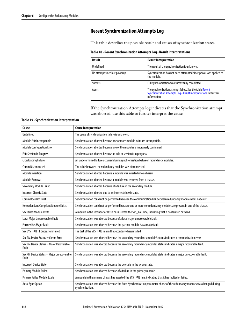Recent synchronization attempts log, Table 19 - synchronization interpretation, Recent synchronization | Attempts log | Rockwell Automation 1756-RMxx ControlLogix Enhanced Redundancy System User Manual User Manual | Page 118 / 296