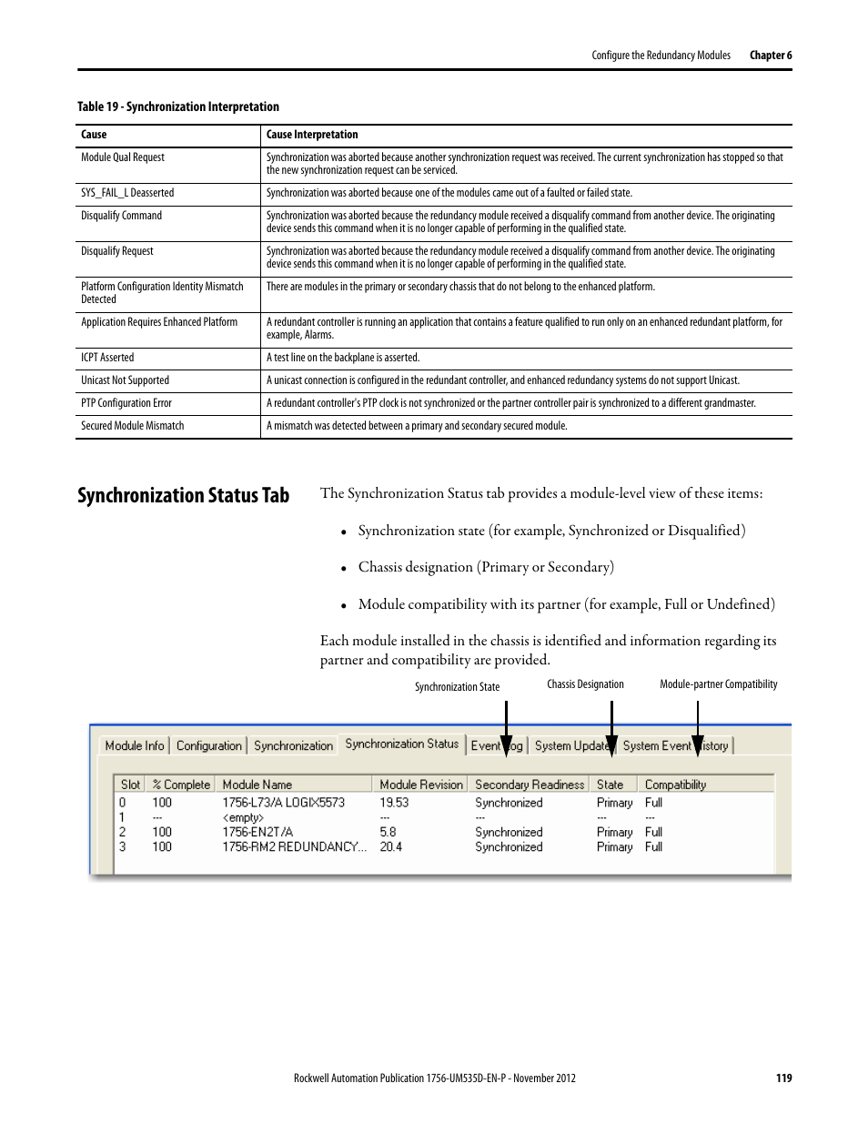 Synchronization status tab | Rockwell Automation 1756-RMxx ControlLogix Enhanced Redundancy System User Manual User Manual | Page 119 / 296