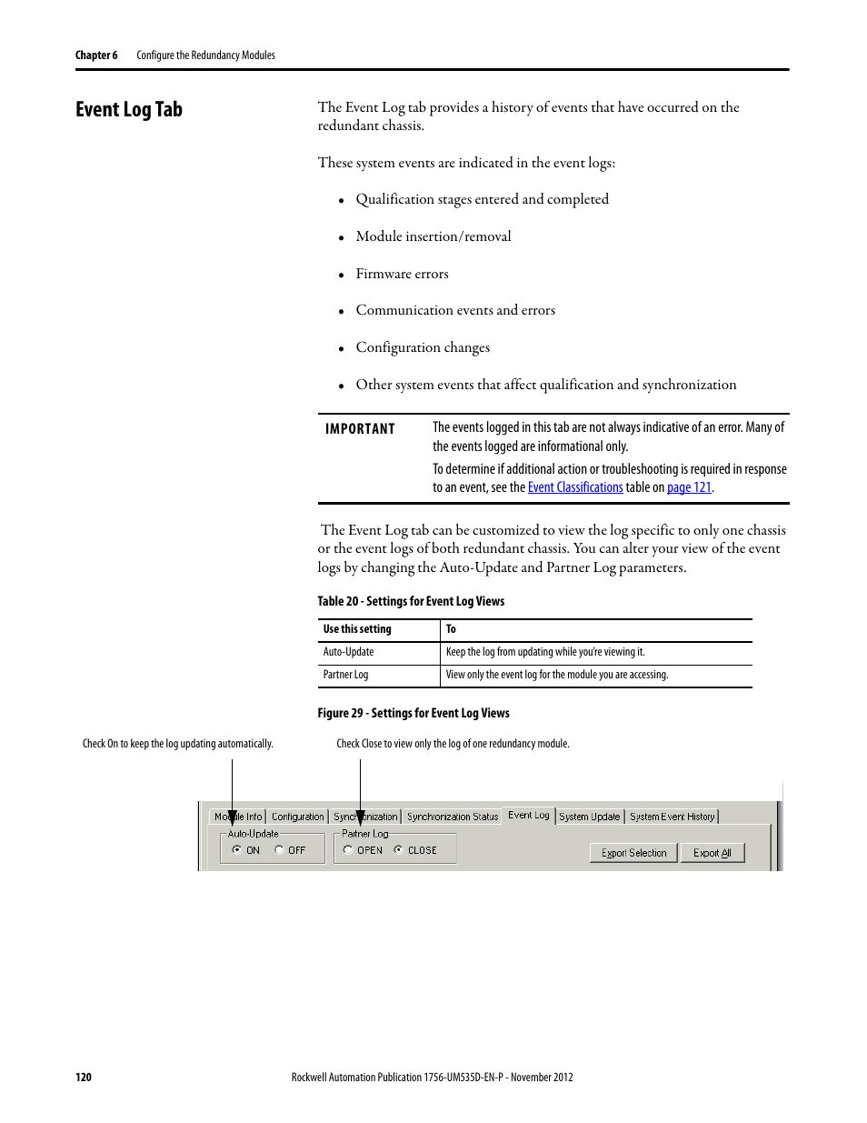 Event log tab, Table 20 - settings for event log views, Figure 29 - settings for event log views | Rockwell Automation 1756-RMxx ControlLogix Enhanced Redundancy System User Manual User Manual | Page 120 / 296