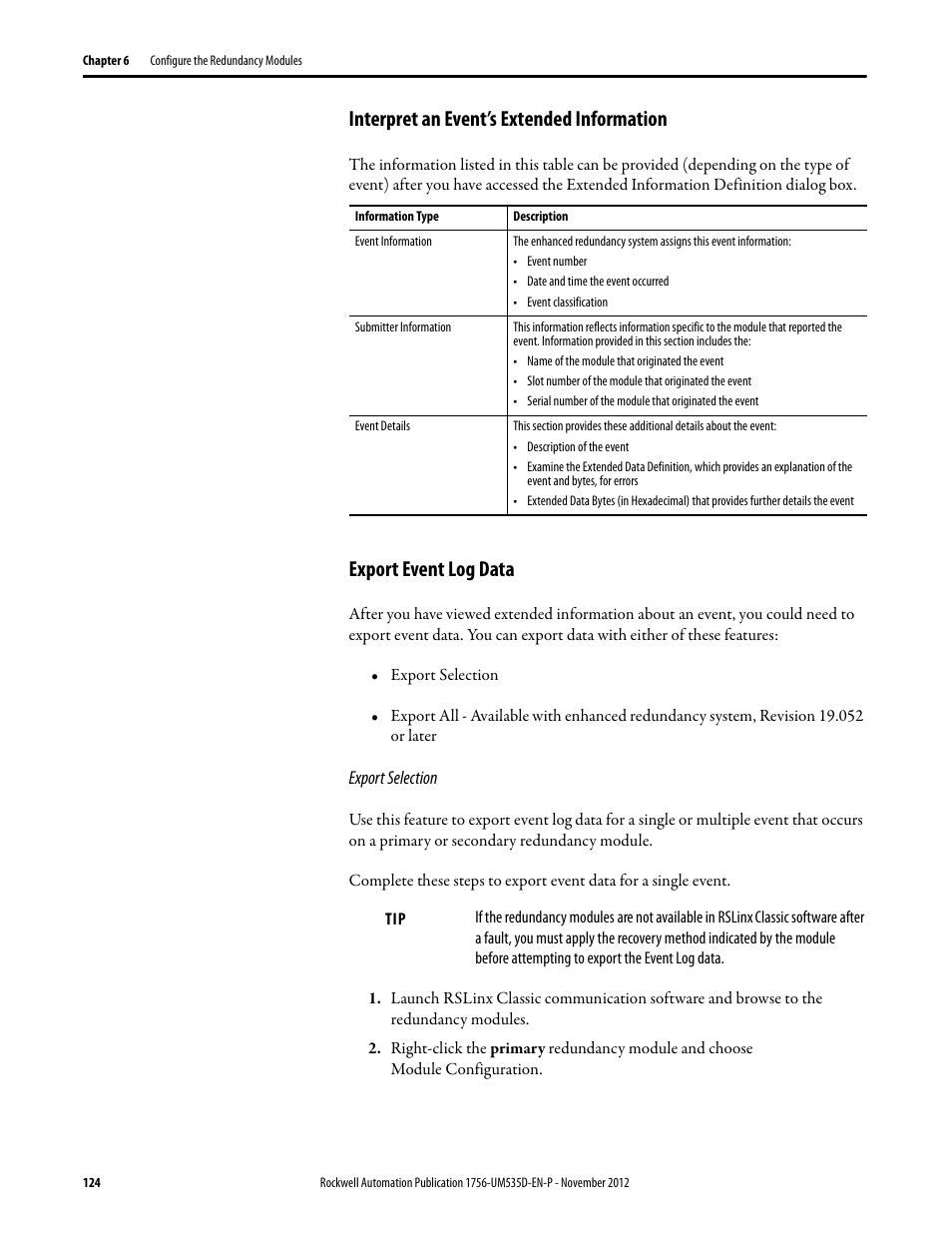 Interpret an event’s extended information, Export event log data, Export selection | Rockwell Automation 1756-RMxx ControlLogix Enhanced Redundancy System User Manual User Manual | Page 124 / 296