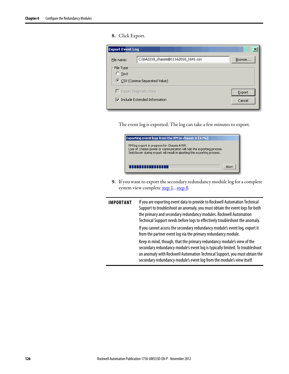 Click export | Rockwell Automation 1756-RMxx ControlLogix Enhanced Redundancy System User Manual User Manual | Page 126 / 296