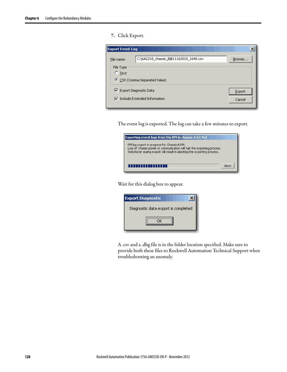 Click export | Rockwell Automation 1756-RMxx ControlLogix Enhanced Redundancy System User Manual User Manual | Page 128 / 296