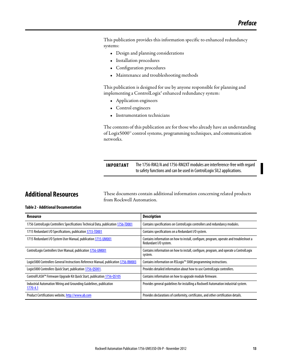 Preface, Additional resources, Table 2 - additional documentation | Rockwell Automation 1756-RMxx ControlLogix Enhanced Redundancy System User Manual User Manual | Page 13 / 296