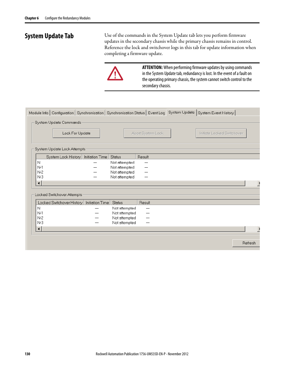 System update tab | Rockwell Automation 1756-RMxx ControlLogix Enhanced Redundancy System User Manual User Manual | Page 130 / 296