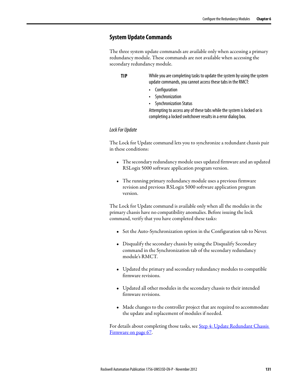 System update commands, Lock for update | Rockwell Automation 1756-RMxx ControlLogix Enhanced Redundancy System User Manual User Manual | Page 131 / 296