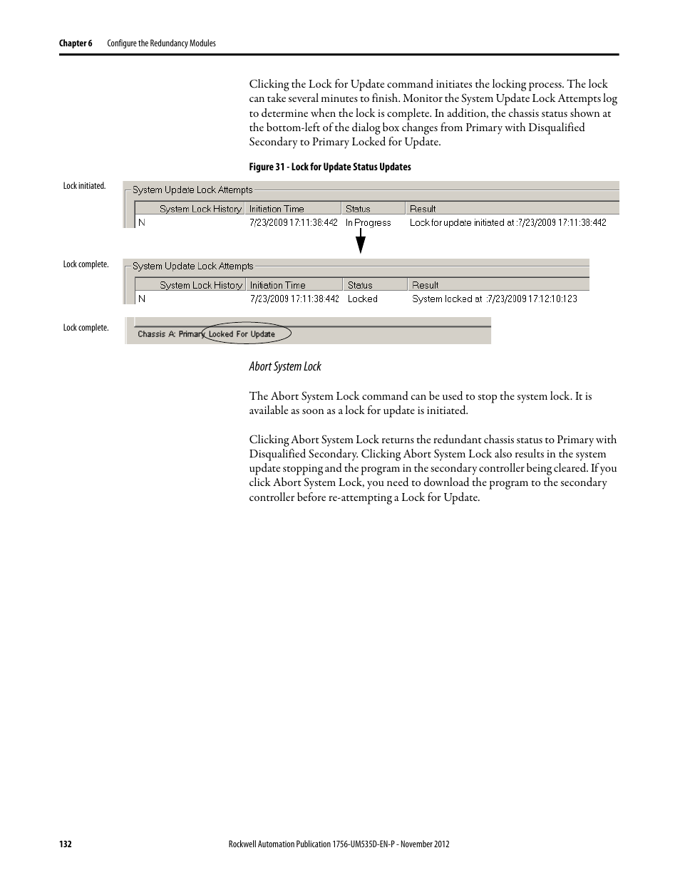 Figure 31 - lock for update status updates, Abort system lock | Rockwell Automation 1756-RMxx ControlLogix Enhanced Redundancy System User Manual User Manual | Page 132 / 296