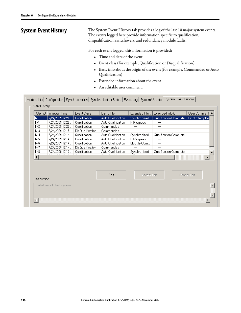 System event history | Rockwell Automation 1756-RMxx ControlLogix Enhanced Redundancy System User Manual User Manual | Page 136 / 296