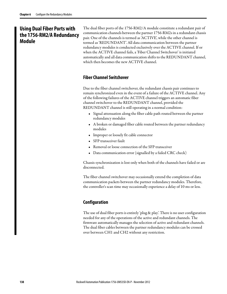 Fiber channel switchover, Configuration | Rockwell Automation 1756-RMxx ControlLogix Enhanced Redundancy System User Manual User Manual | Page 138 / 296