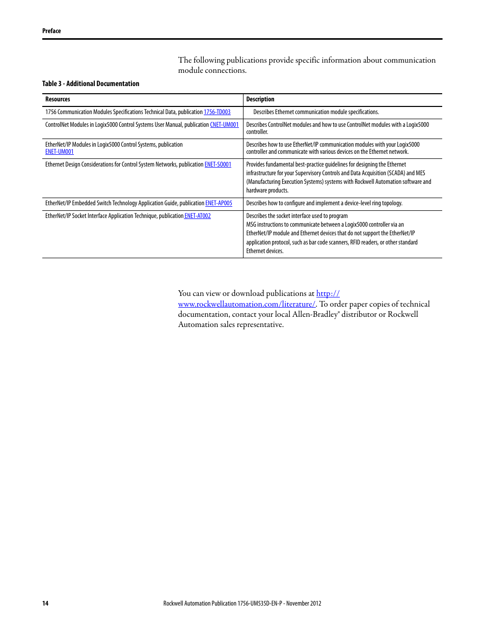 Table 3 - additional documentation | Rockwell Automation 1756-RMxx ControlLogix Enhanced Redundancy System User Manual User Manual | Page 14 / 296