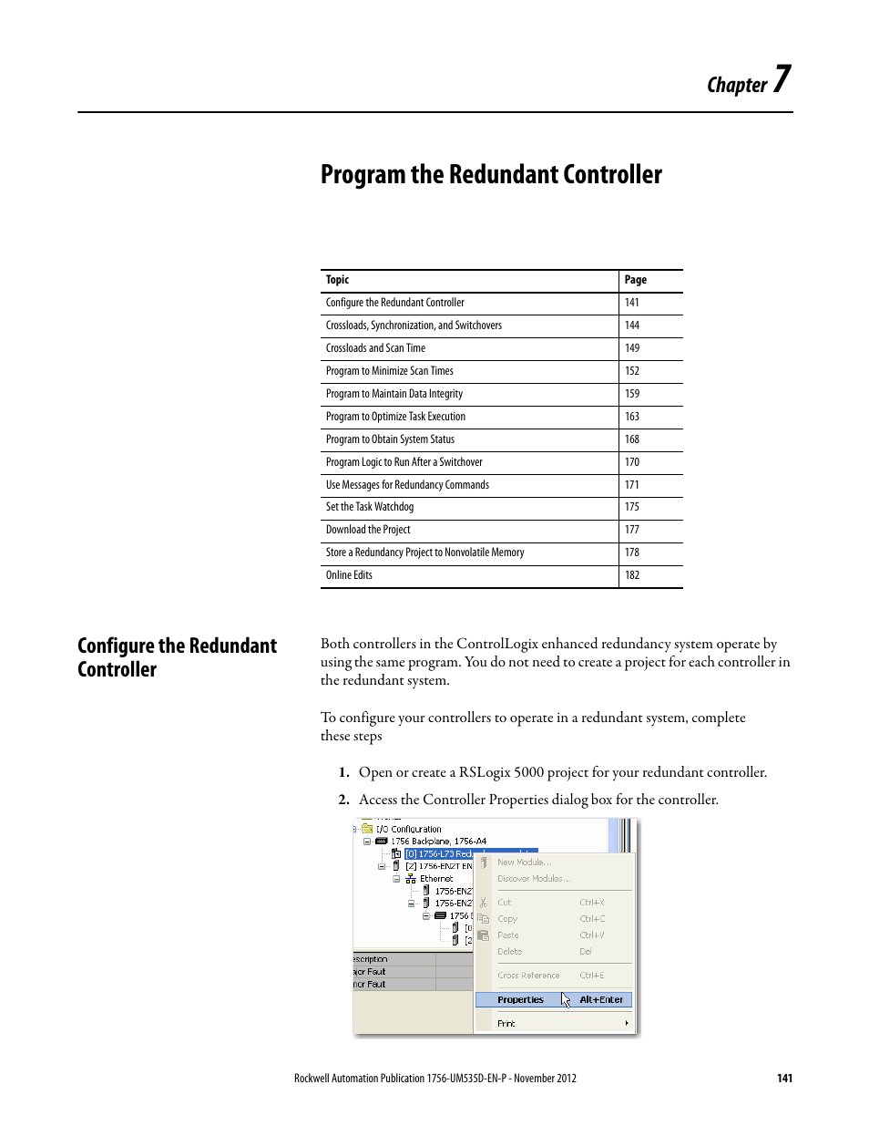 Ch 7 - program a redundant controller, Program the redundant controller, Configure the redundant controller | Chapter 7, Chapter | Rockwell Automation 1756-RMxx ControlLogix Enhanced Redundancy System User Manual User Manual | Page 141 / 296