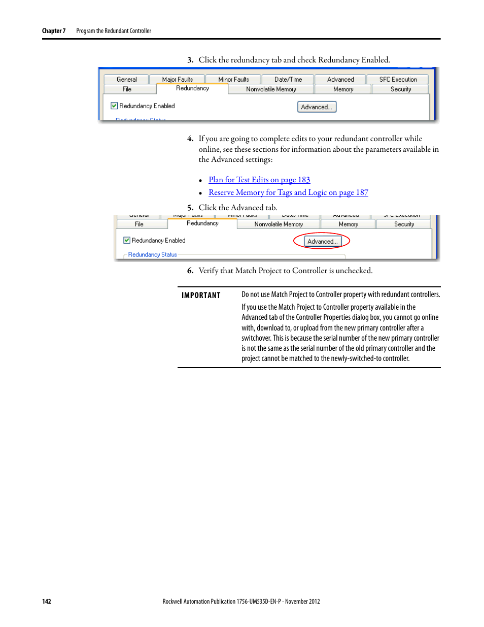 Click the advanced tab | Rockwell Automation 1756-RMxx ControlLogix Enhanced Redundancy System User Manual User Manual | Page 142 / 296
