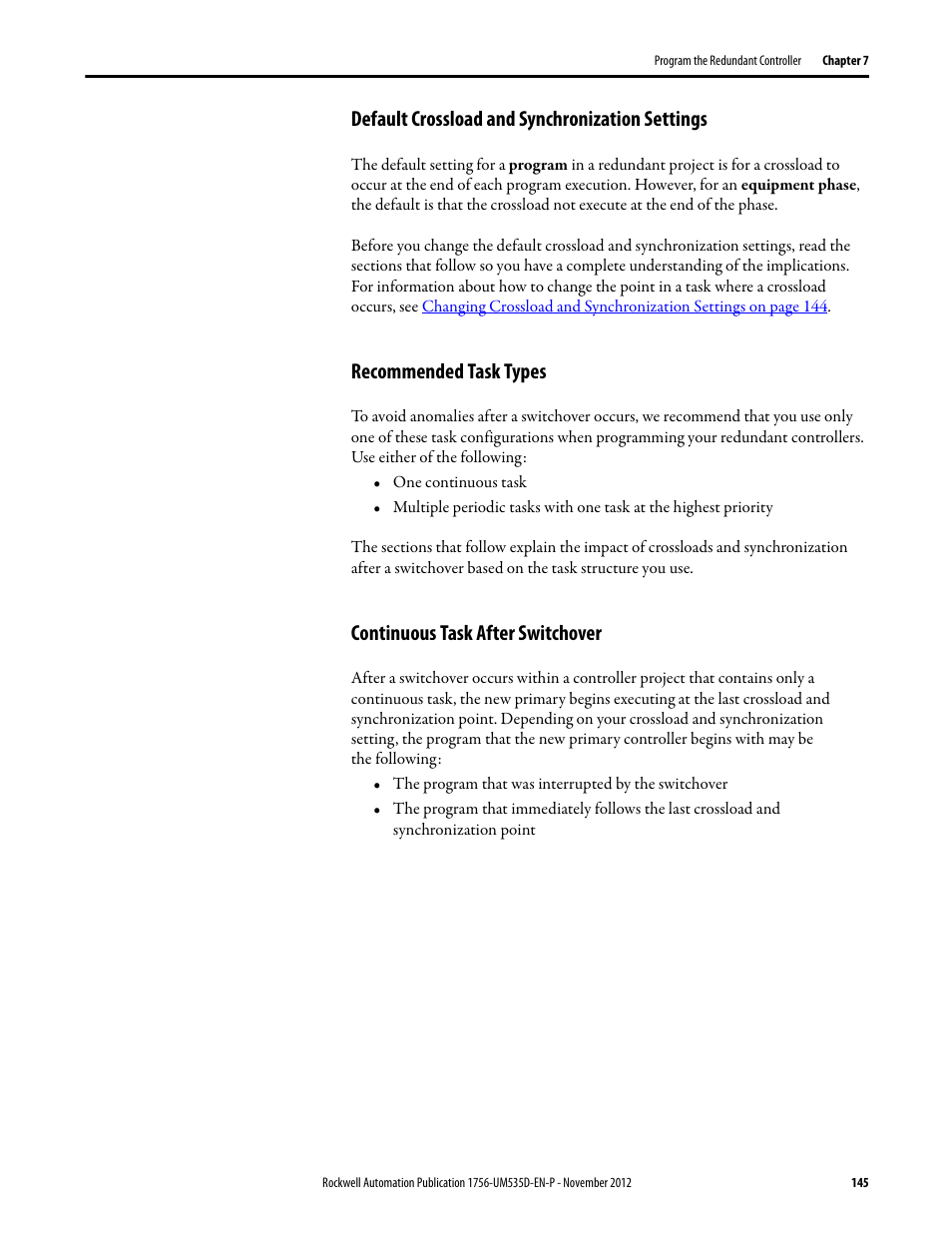 Default crossload and synchronization settings, Recommended task types, Continuous task after switchover | Rockwell Automation 1756-RMxx ControlLogix Enhanced Redundancy System User Manual User Manual | Page 145 / 296