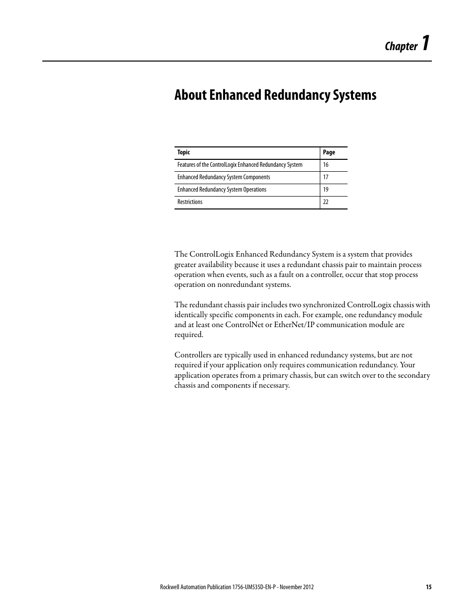 Ch 1 - about enhanced redundancy systems, About enhanced redundancy systems, Chapter 1 | Chapter | Rockwell Automation 1756-RMxx ControlLogix Enhanced Redundancy System User Manual User Manual | Page 15 / 296